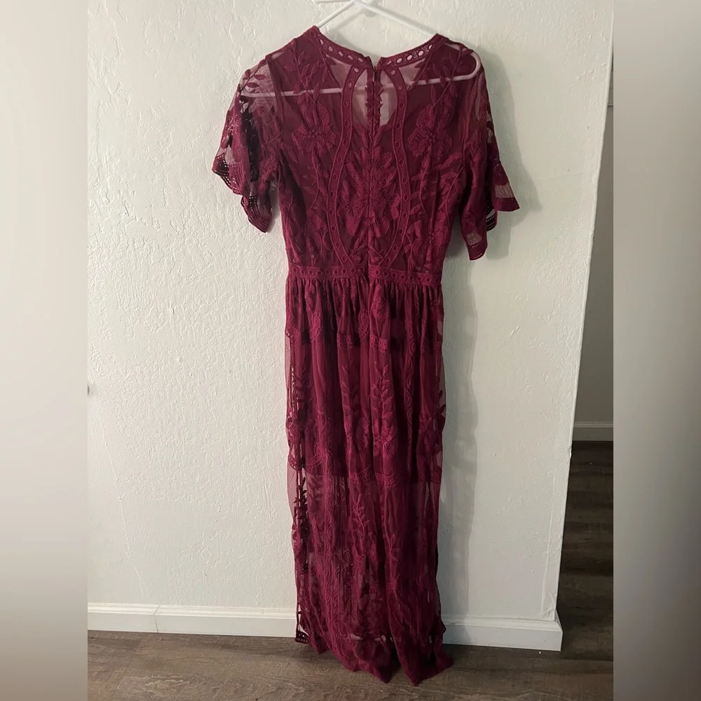 Boho Sodress burgundy Maroon Deep V Neck Short Sleeve Lace Maxi Dress Red S - Picture 3 of 4